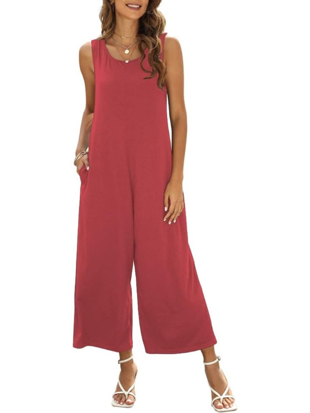 Women's Jumpsuit Pink Crewneck Loose Tank Sleeveless Outfit With Pockets Romper